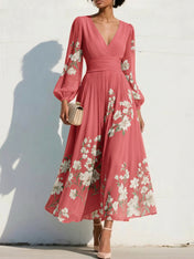 Elegant Floral V-Neck Pleated Midi Dress with Long Sleeves