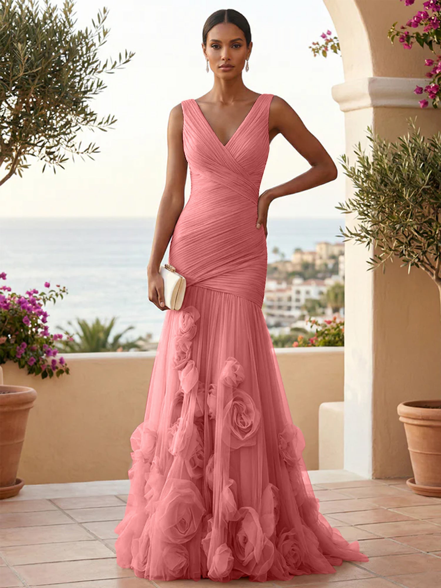 Sweetheart Tulle V Neck Pleat Mermaid Evening Dresses with 3D Flower