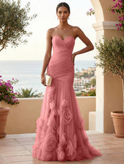 Sweetheart Tulle Pleat Mermaid Evening Dresses with 3D Flower