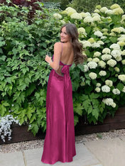 Blue A Line V-neck Beaded Back Tie Long Prom Dress