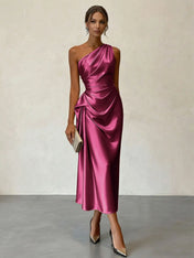 Champagne Ruched Satin One Shoulder Sleeveless Sheath Midi Dress