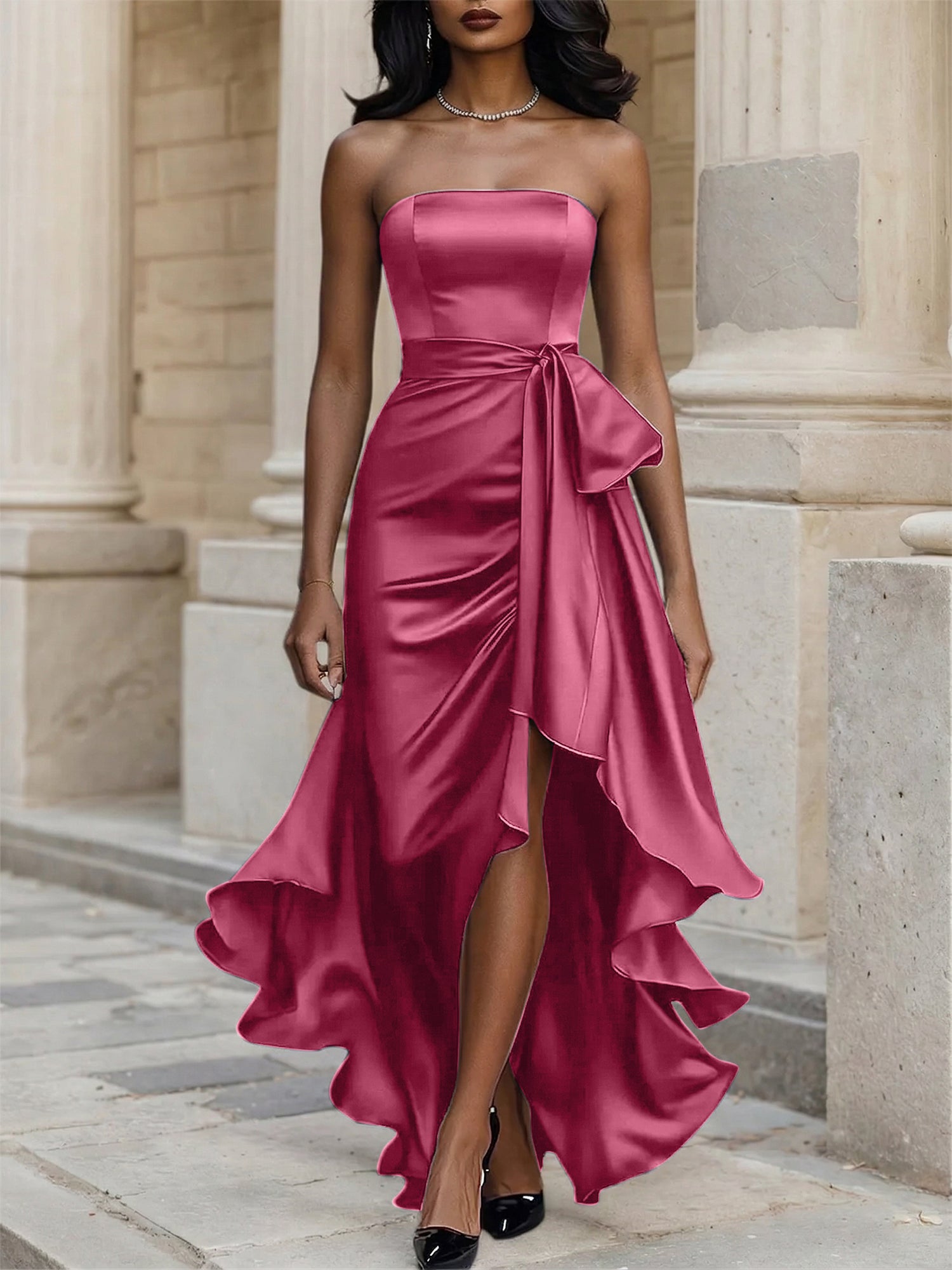 Glamorous Formal Dress Midnight Navy Strapless Satin Gown Midi Dress