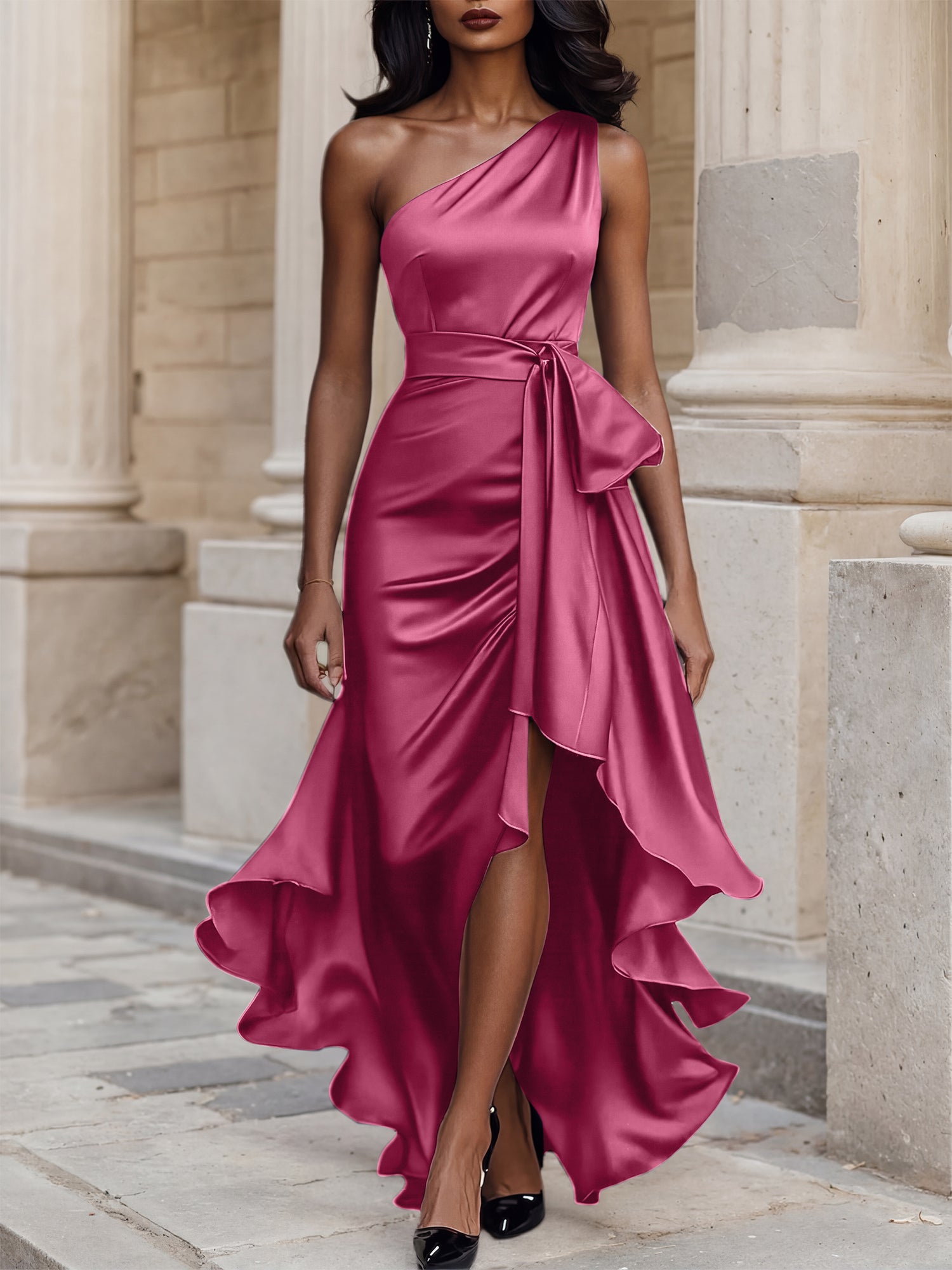 Glamorous Formal Dress Midnight Navy One Shoulder High-Low Satin Gown Midi Dress