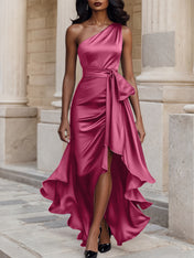 Glamorous Formal Dress Midnight Navy One Shoulder High-Low Satin Gown Midi Dress
