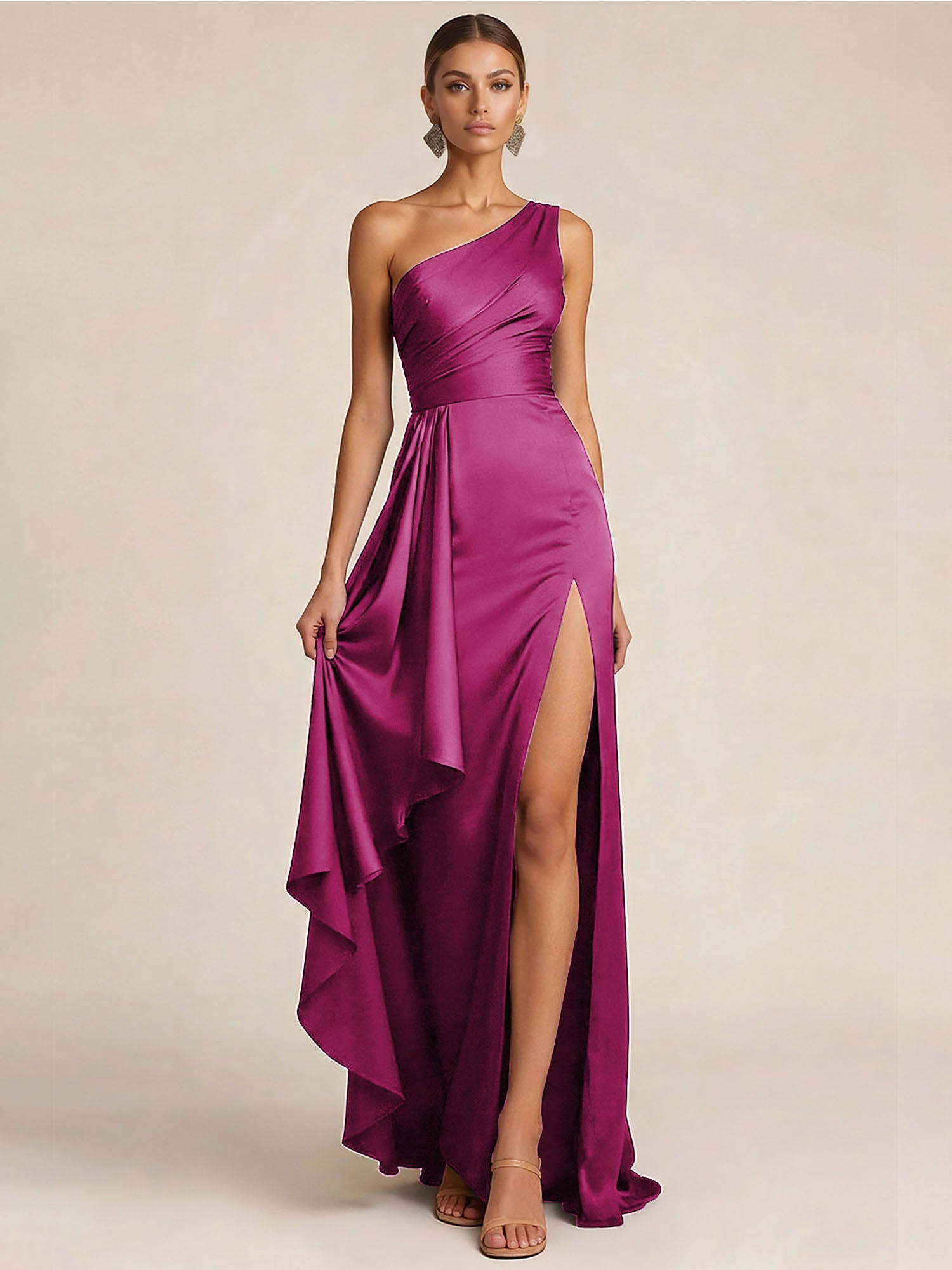 Sleek Foraml Evening Gown Midnight Navy One-Shoulder Satin Slit Maxi Dress