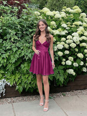 Blue A Line V-neck Beaded Back Tie Short Homecoming Mini Dress