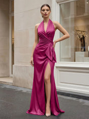 Navy Blue Halter V-Neck Satin Gown with Side Knot and High Slit Evening Dress