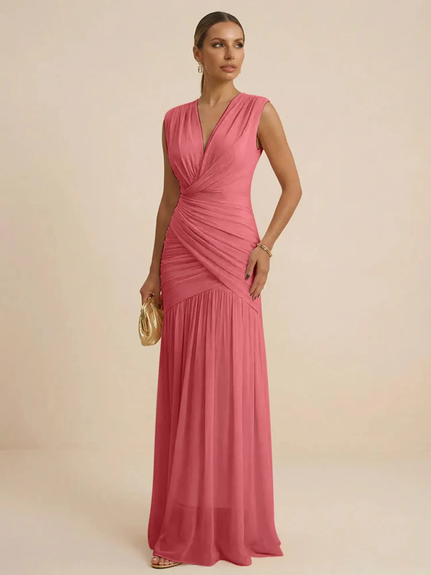 Pink Regular Straps V Neck Chiffon Pleat Mermaid Maxi Dress