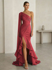 Glamorous Midnight Navy Formal Evening Dress One-Shoulder Ruched Cape Gown
