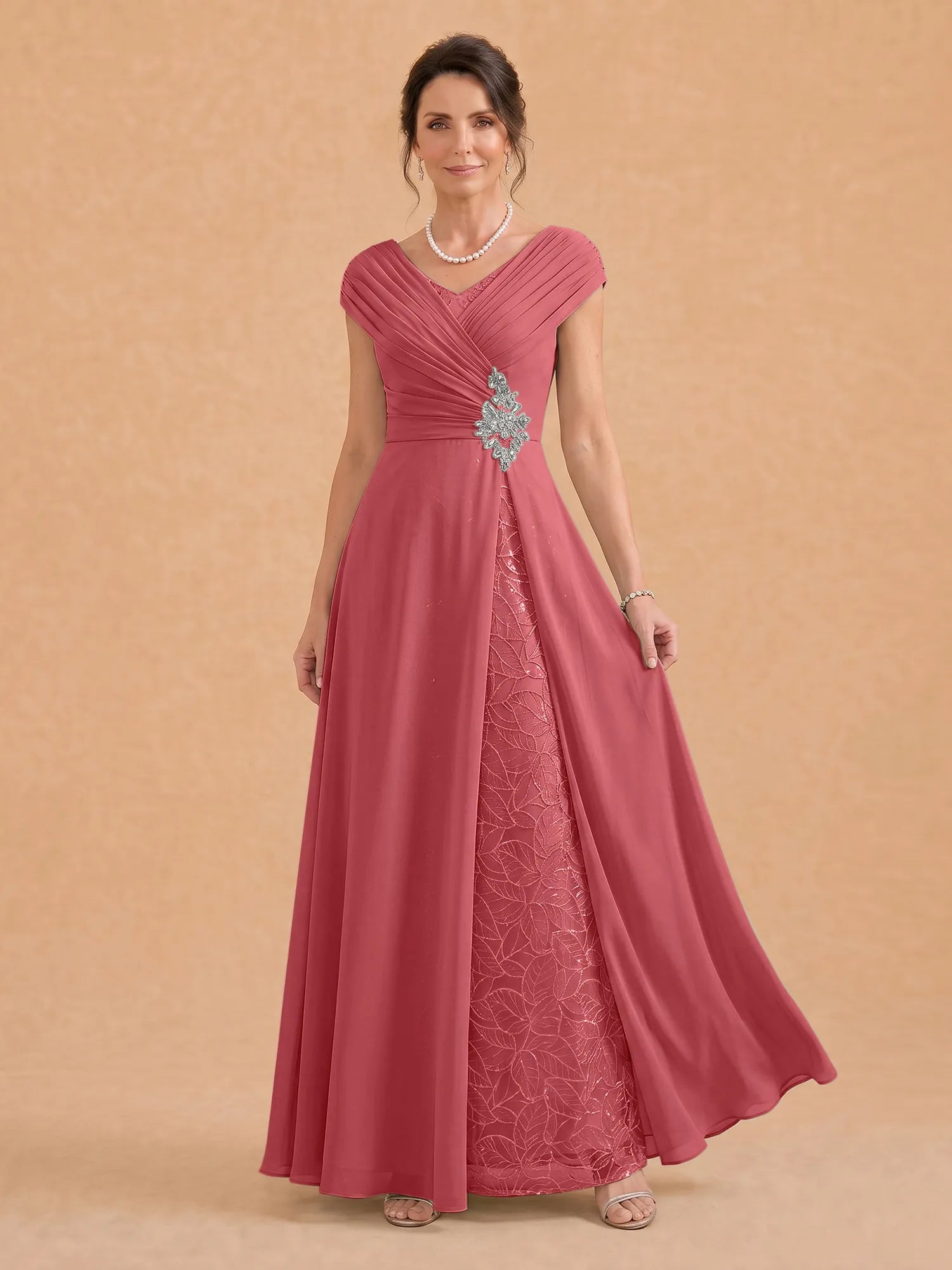 V-Neck Ruched Chiffon A-Line Mother of the Bride Dress with Crystal Brooch