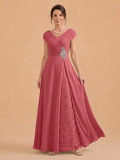 V-Neck Ruched Chiffon A-Line Mother of the Bride Dress with Crystal Brooch