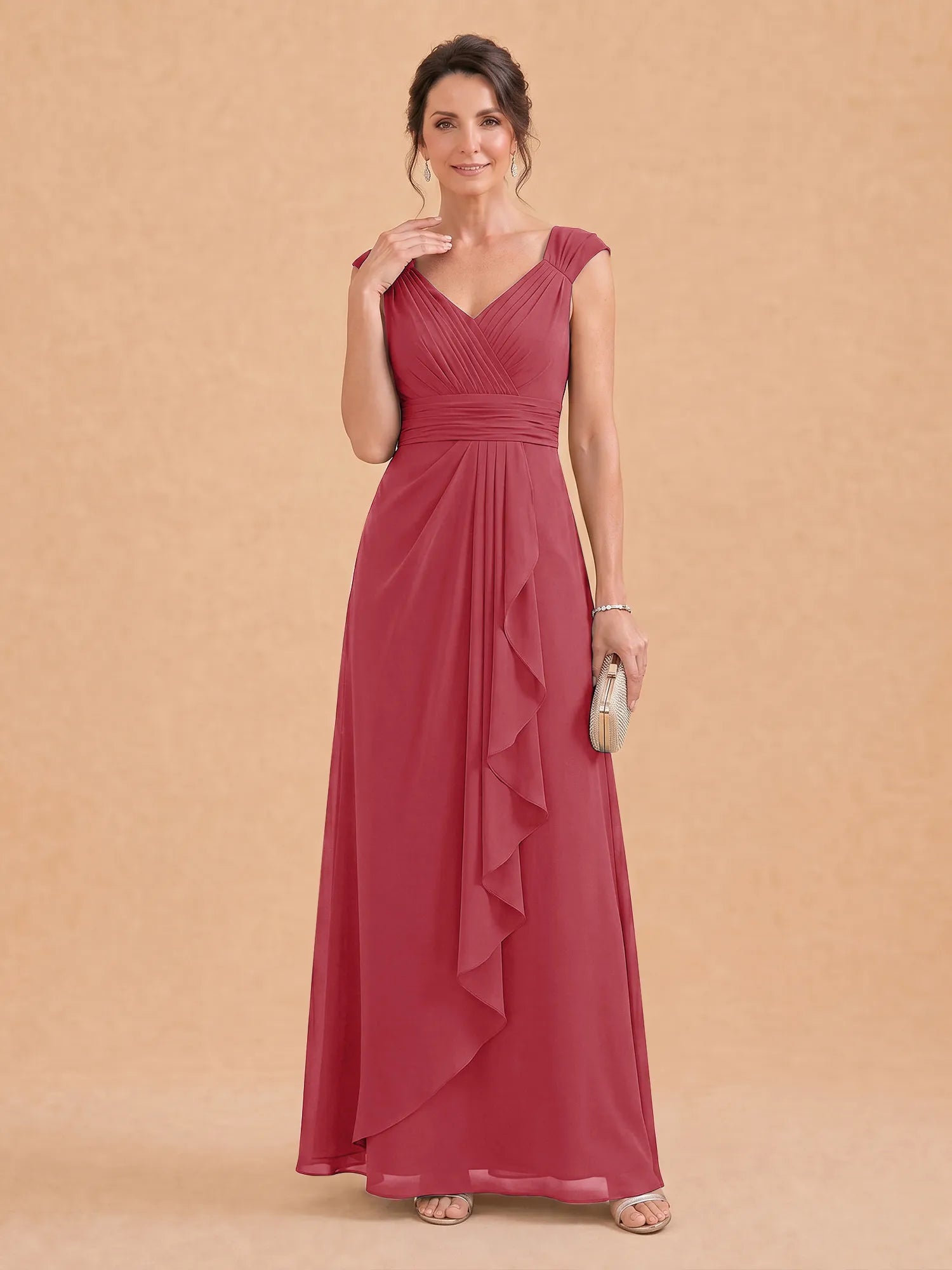 V-Neck Ruched Chiffon A-Line Mother of the Bride Dress with Cascading Ruffle