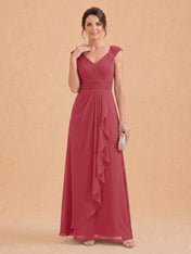 V-Neck Ruched Chiffon A-Line Mother of the Bride Dress with Cascading Ruffle