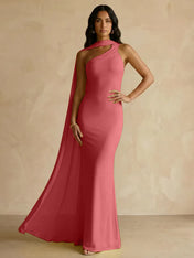 Yellow One-Shoulder Crepe Sheath Gown with Flowing Chiffon Cape Train