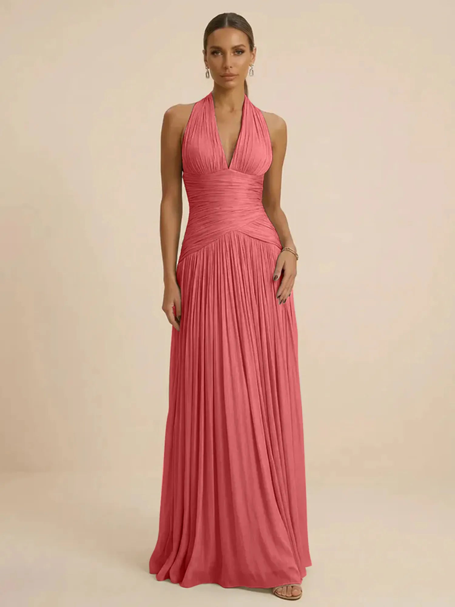 Sage Green Halter Neck Pleated Chiffon Evening Gown with Ruched