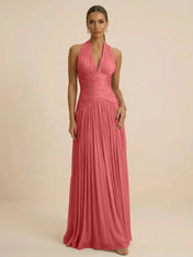 Sage Green Halter Neck Pleated Chiffon Evening Gown with Ruched