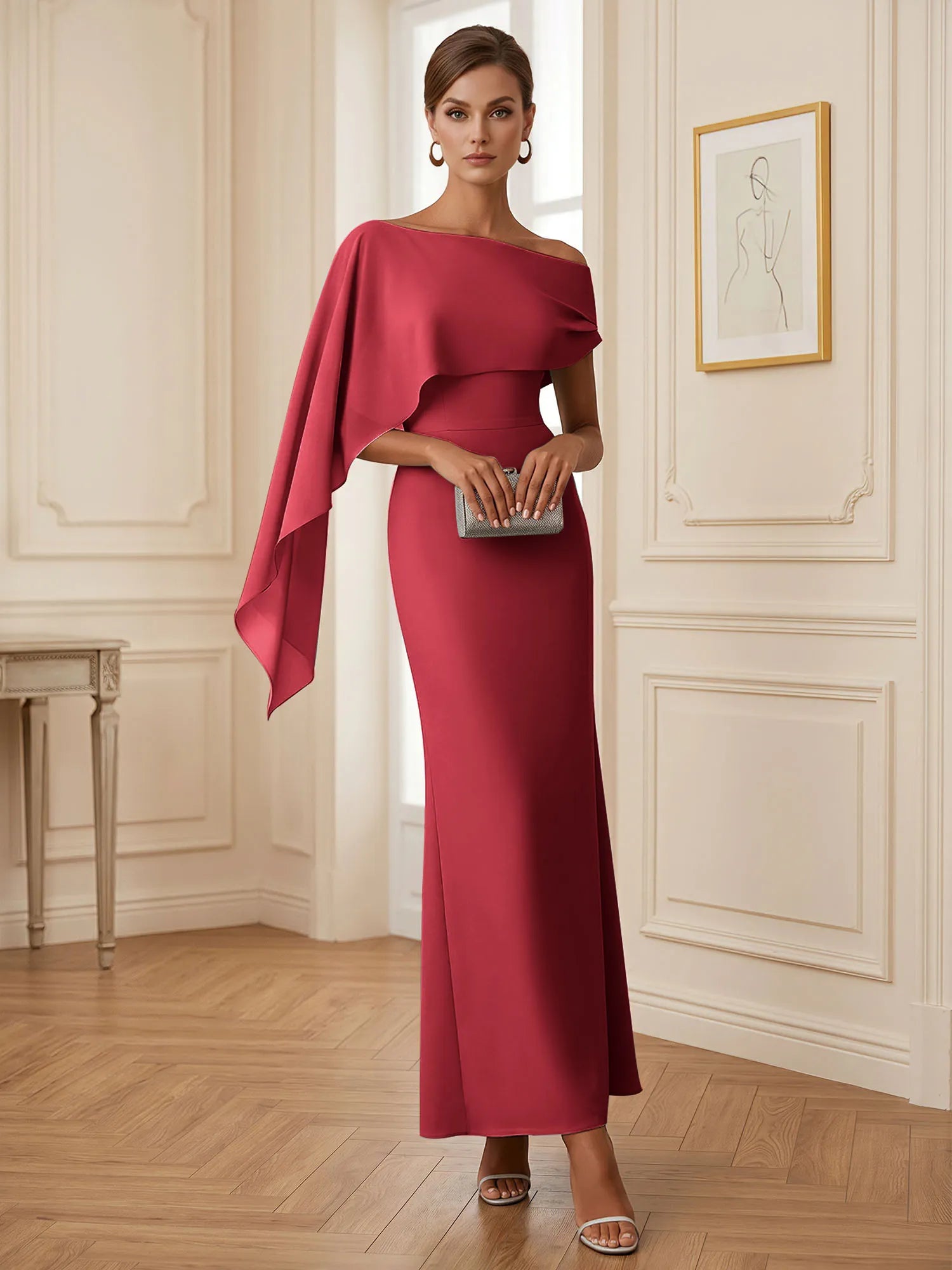 Elegant Mint Green One-Shoulder Chiffon Mermaid Formal Evening Dress with Cape and Ruffles