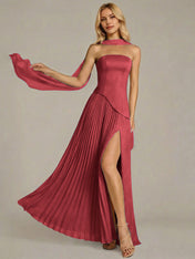 Navy A Line Satin Off The Shoulder Sleeveless Floor Length Dress
