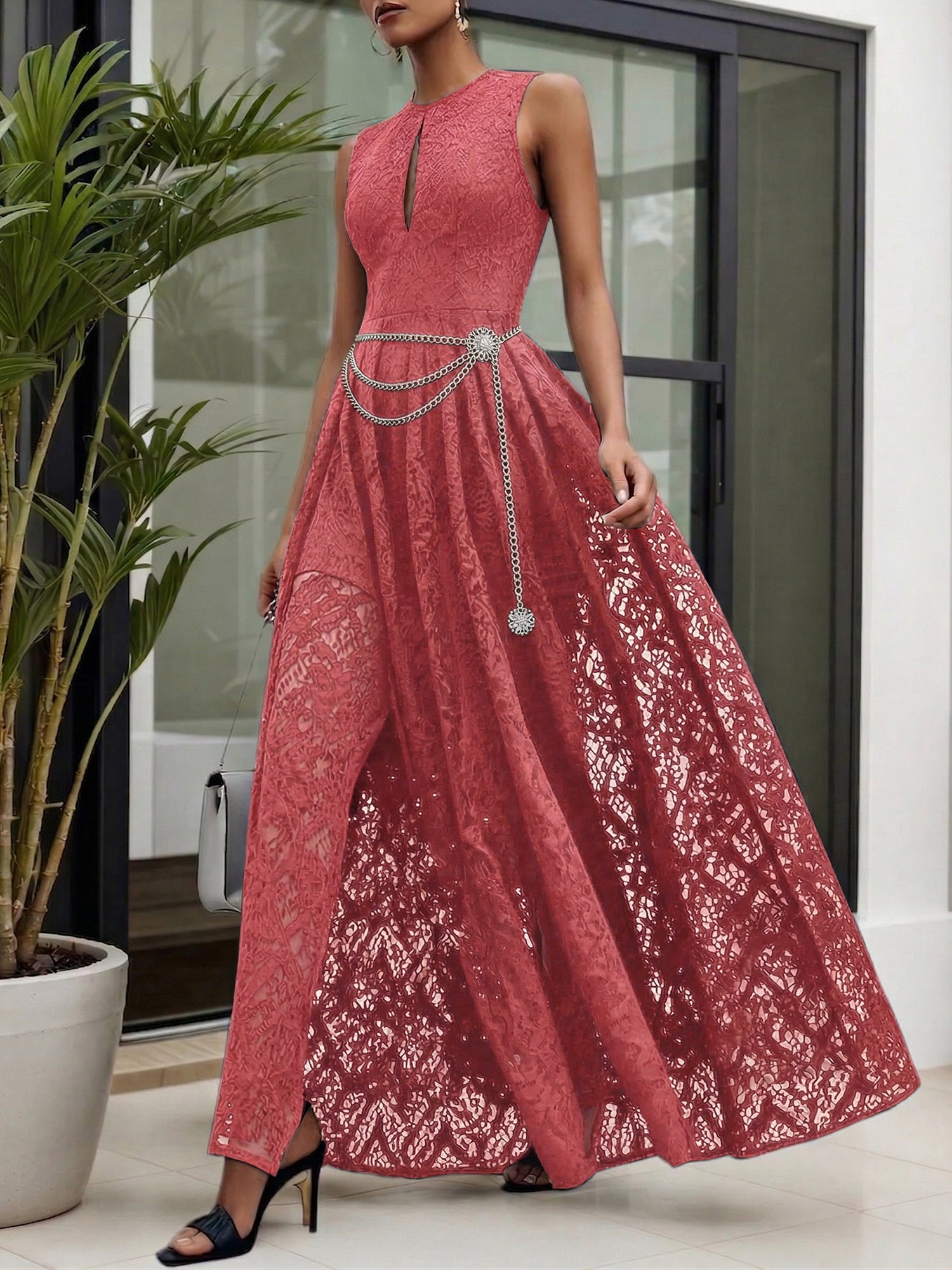 Midnight Black Lace Hollow Out Crew Neck Sleeveless A-Line Maxi Dress