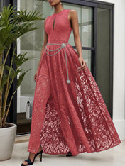 Midnight Black Lace Hollow Out Crew Neck Sleeveless A-Line Maxi Dress