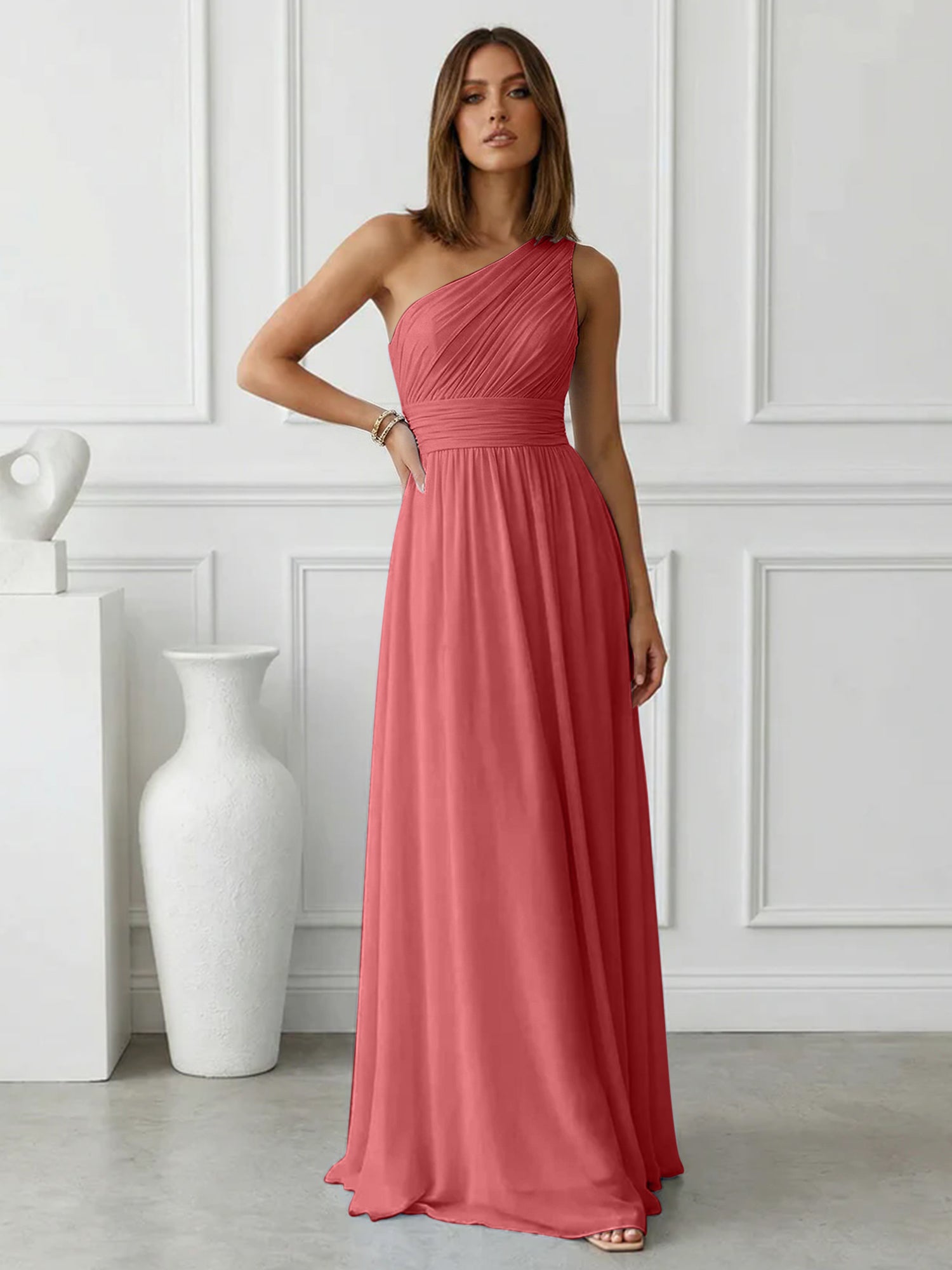 Timeless Light Blue One-Shoulder Maxi Dress Ruched Chiffon Gown