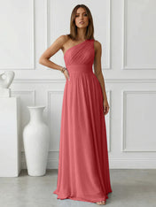Timeless Light Blue One-Shoulder Maxi Dress Ruched Chiffon Gown