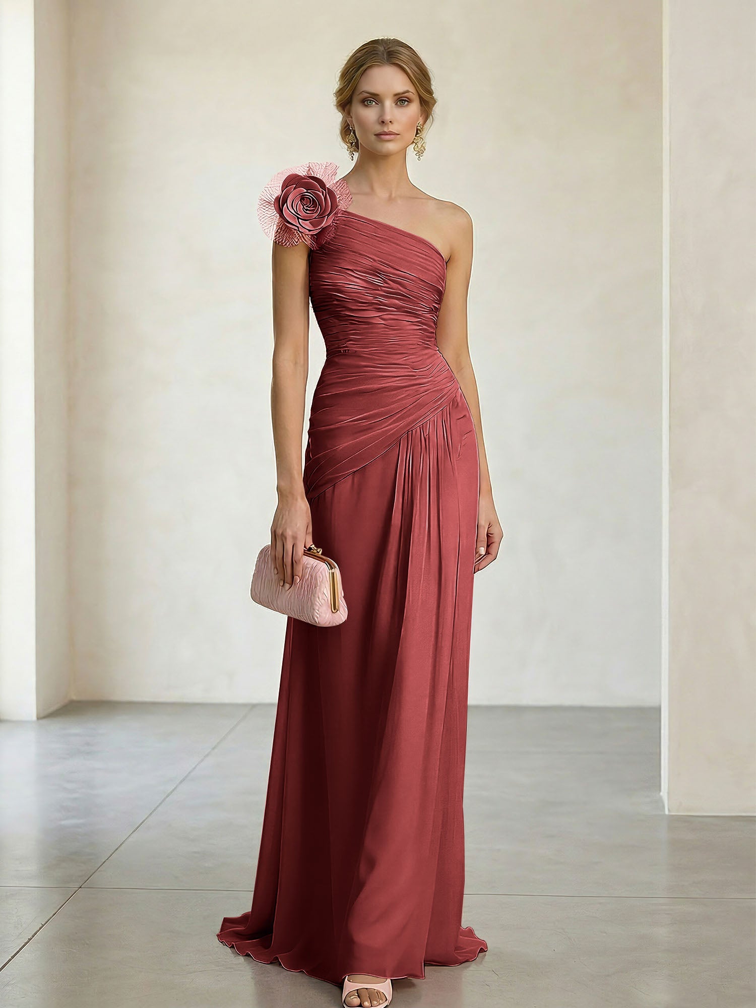 Blush Pink One-Shoulder Ruched 3D Floral Gown Dress