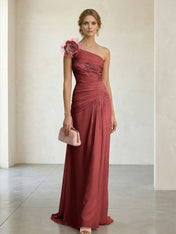 Blush Pink One-Shoulder Ruched 3D Floral Gown Dress