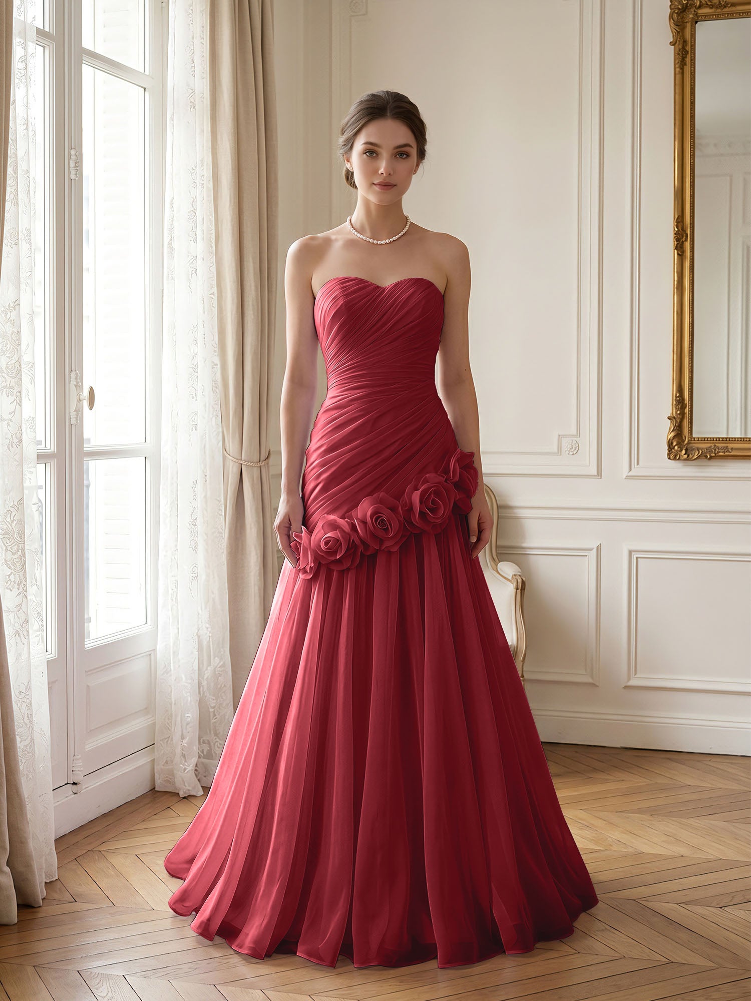 Lilac 3D Rosette Strapless Chiffon Evening Formal Gown Wedding Guest Dress