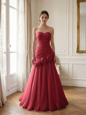 Lilac 3D Rosette Strapless Chiffon Evening Formal Gown Wedding Guest Dress