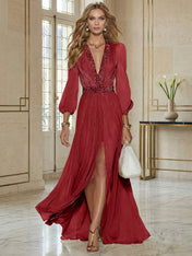 Elegant Beige Chiffon V-neck With Rhinestone Embellishments And A Side Slit Maxi Dress