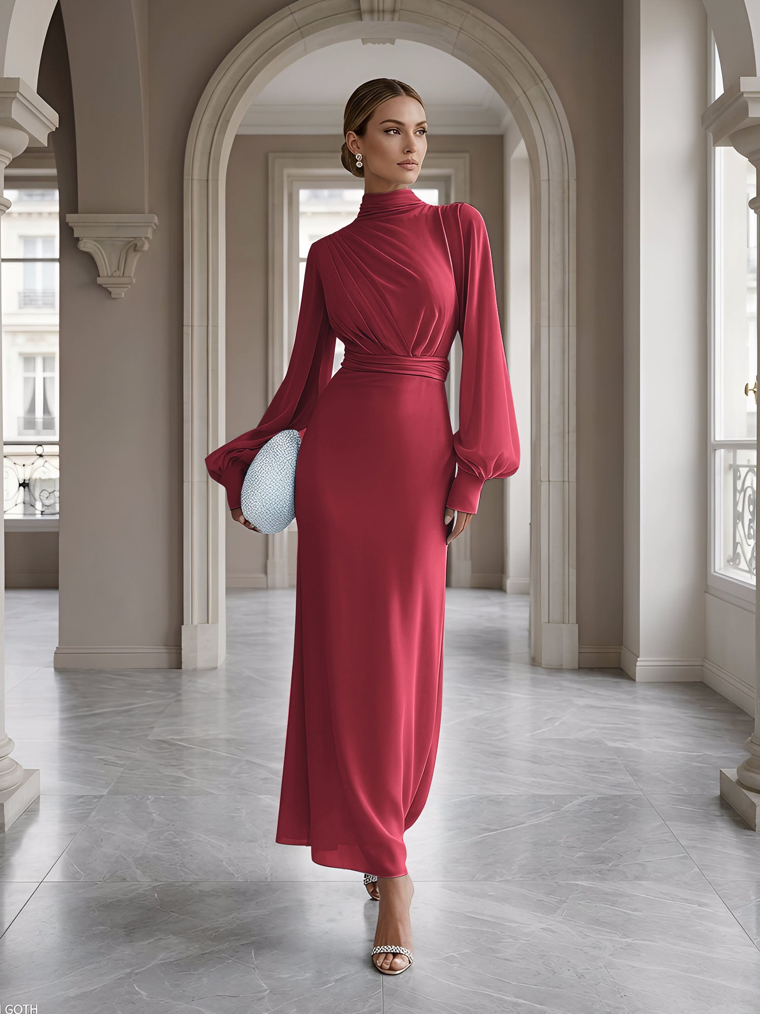 Ice Blue High-Neck Bishop Sleeve Gown Foraml Evening Dress