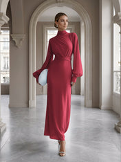 Ice Blue High-Neck Bishop Sleeve Gown Foraml Evening Dress