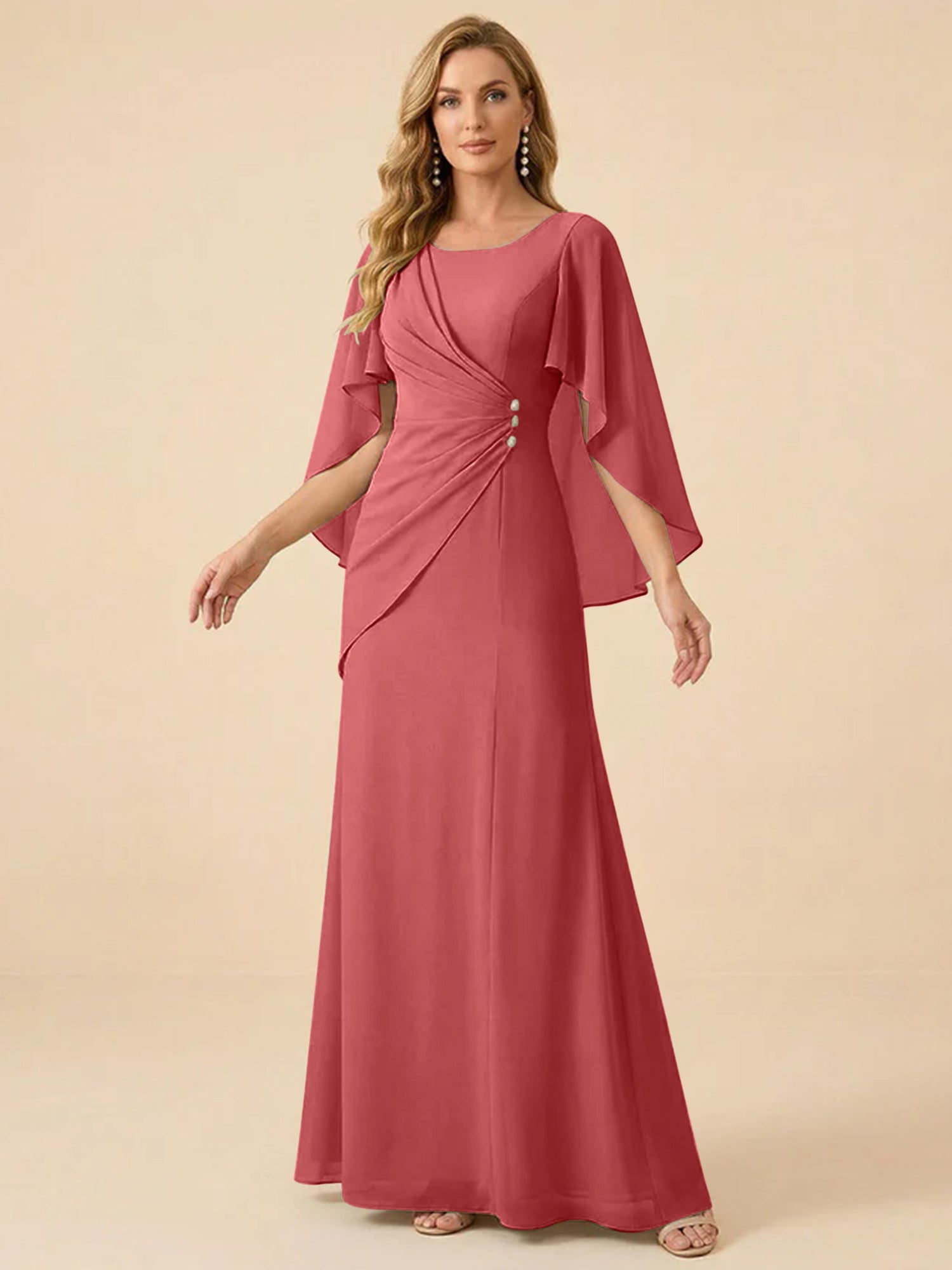 Sage Green Chiffon Beaded Mother of the Bride Dress with Cape Sleeves