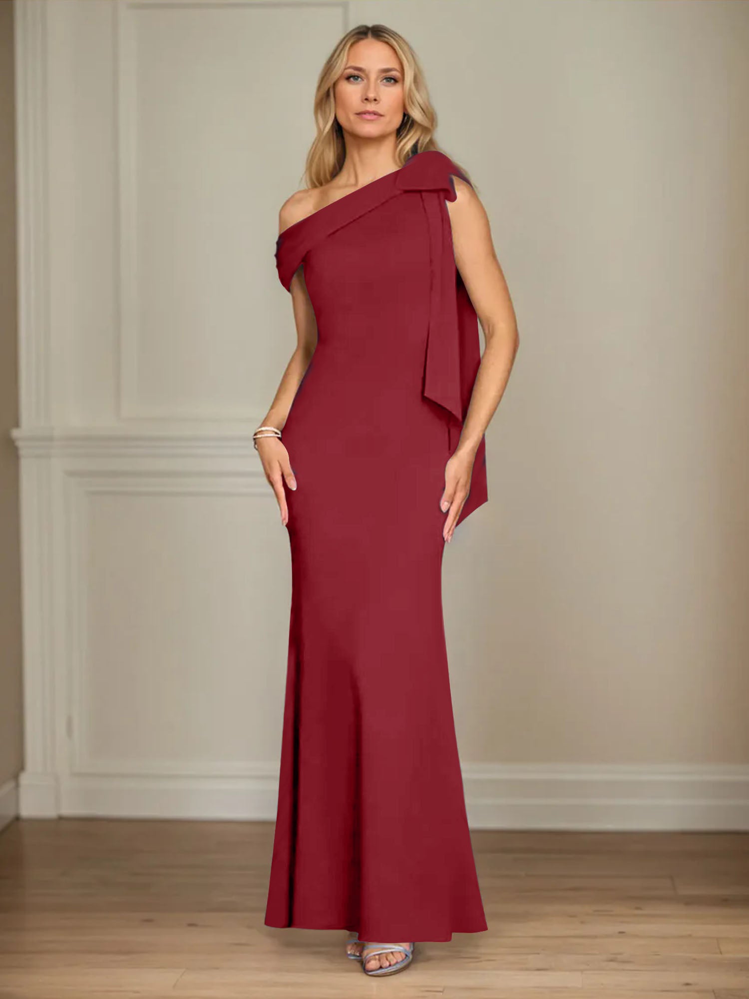 Mermaid One Shoulder Sleeveless Stretch Crepe Mother of the Bride Dress With Bow