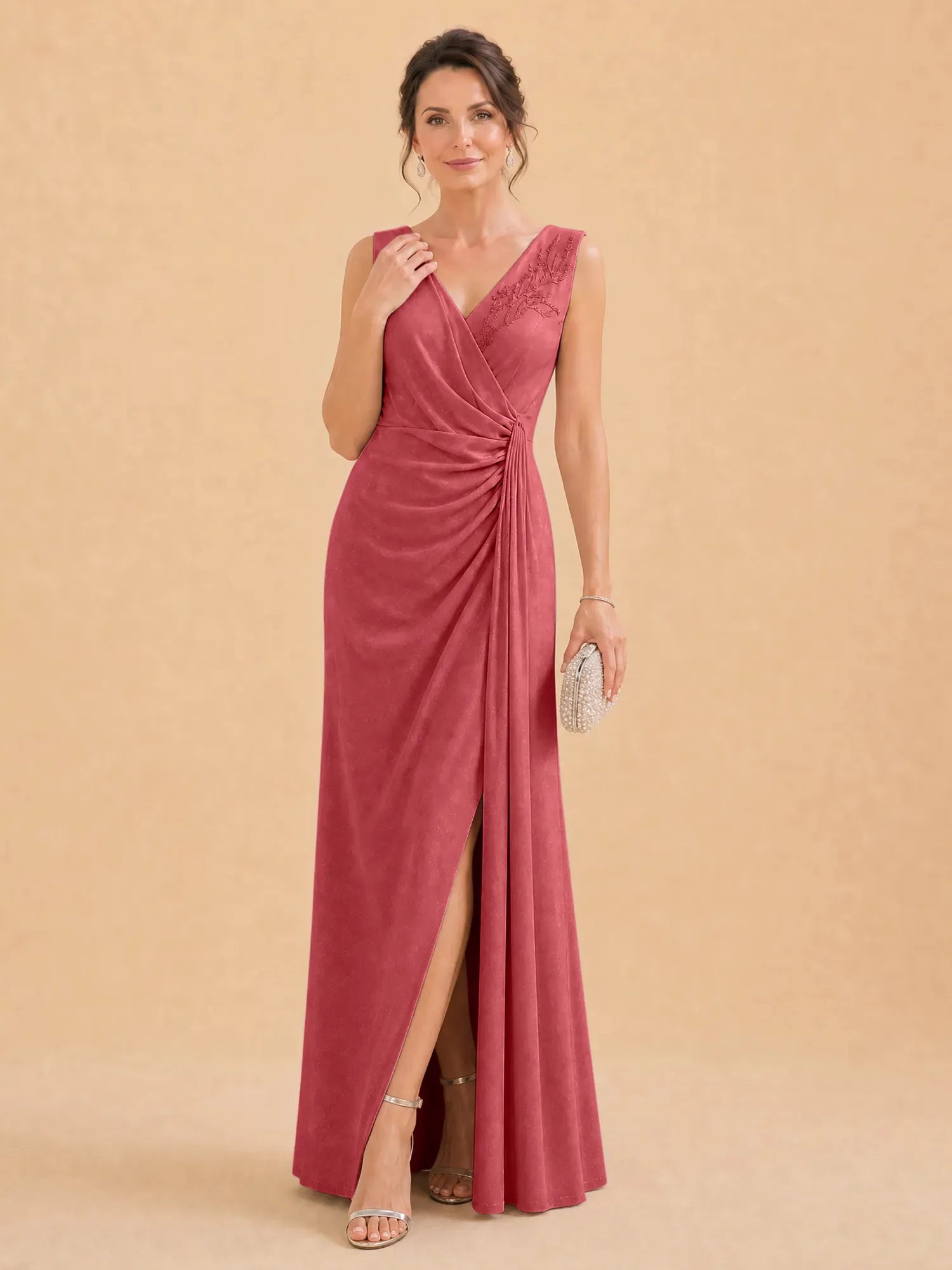V-Neck Faux-Wrap Evening Gown with Side Draping Mother of The Bride Dresses