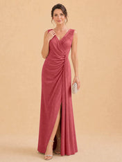 V-Neck Faux-Wrap Evening Gown with Side Draping Mother of The Bride Dresses