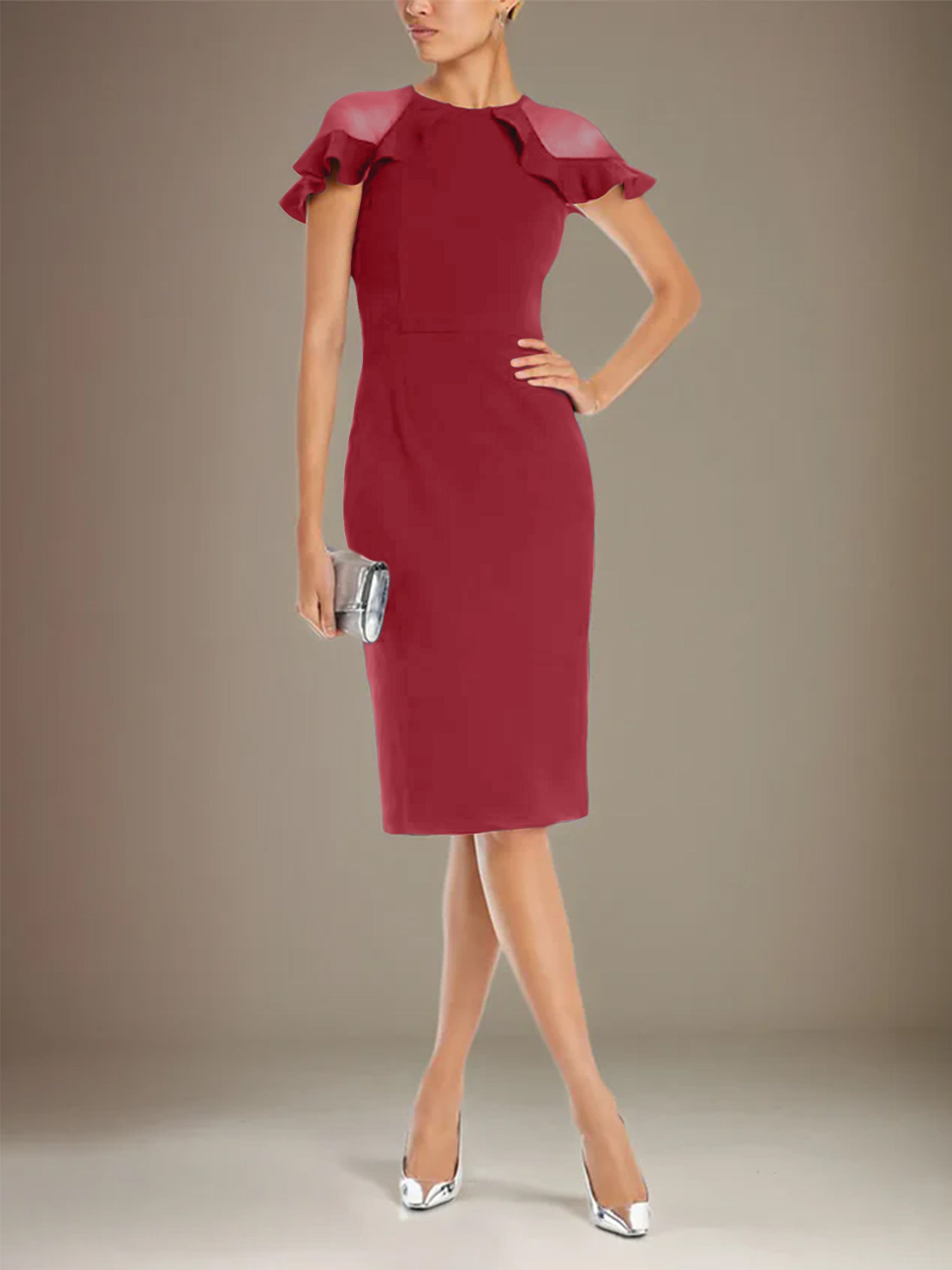 Column Stretch Crepe Scoop Short Sleeves Knee Length Dress