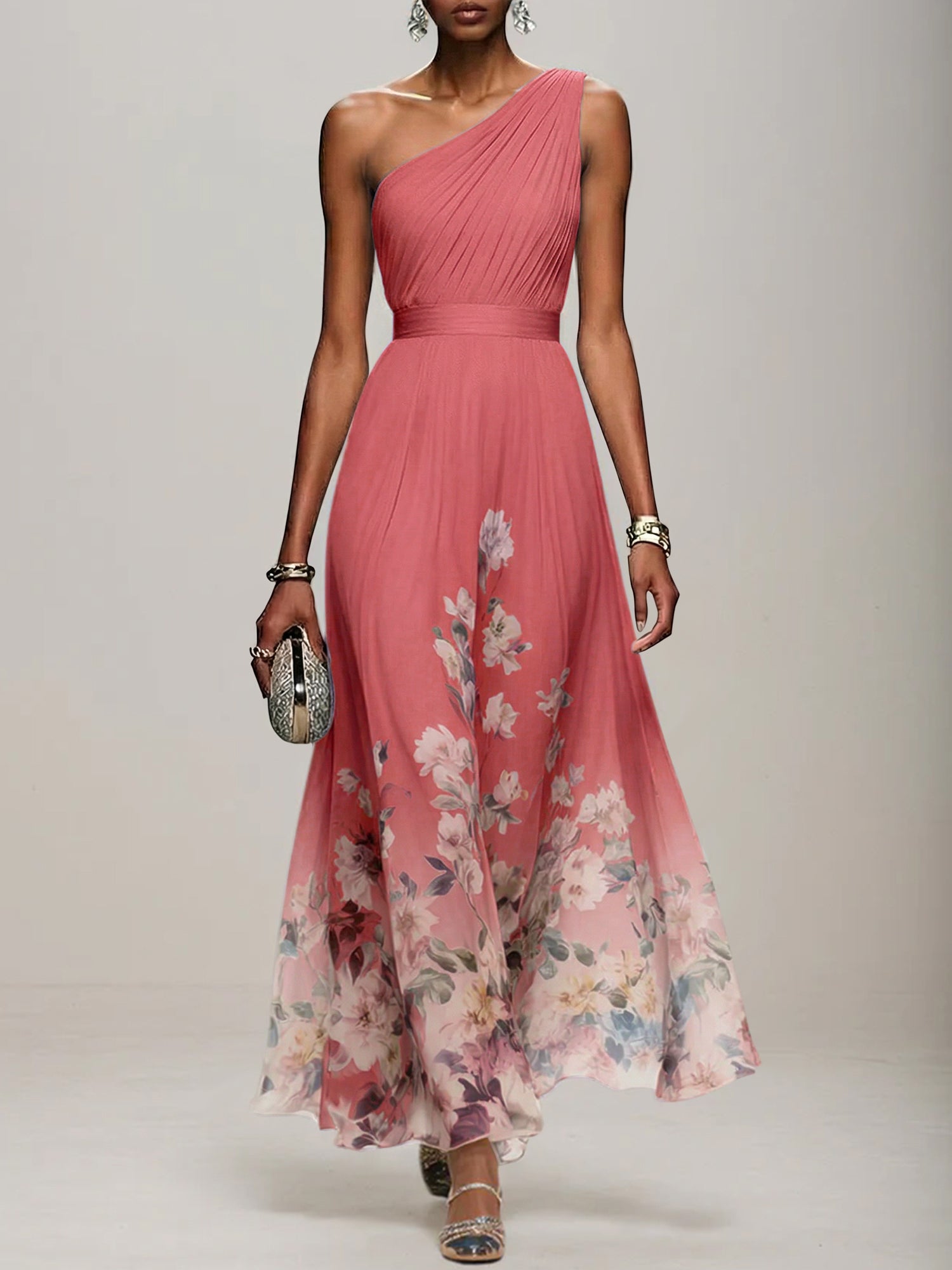 Light Blue Floral Chiffon One Shoulder Sleeveless A-Line Maxi Dress Gown