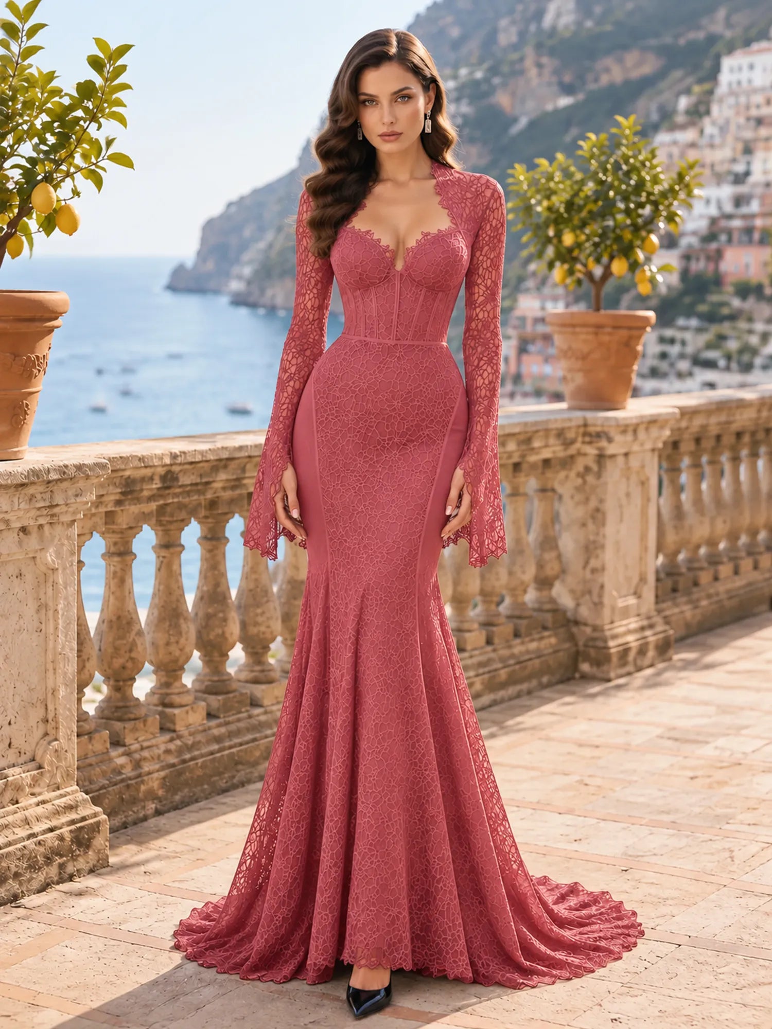 Long-Sleeve Lace-Trimmed Mermaid Evening Dress
