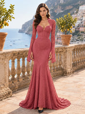 Long-Sleeve Lace-Trimmed Mermaid Evening Dress