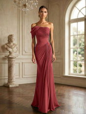 One Shoulder Pleat Mermaid Chiffon Evening Dresses for Women Gown