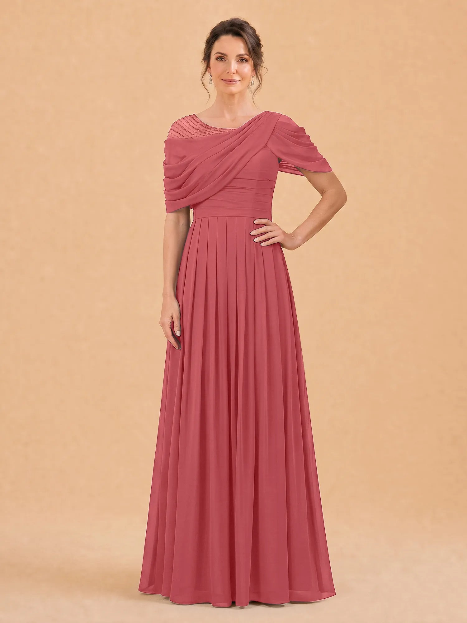 One-Shoulder Cape Overlay Chiffon Mother of the Bride Dress