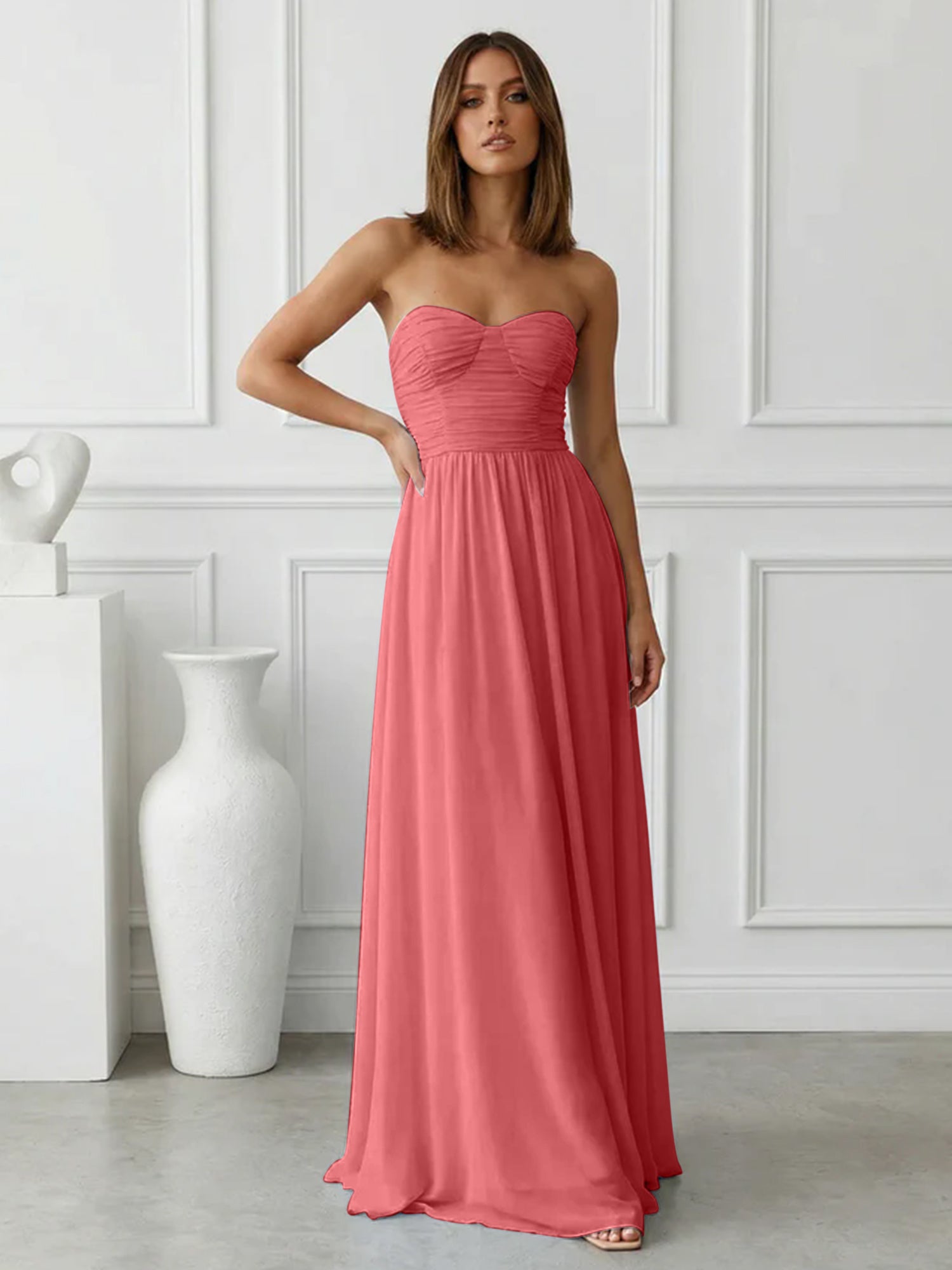 Light Blue Sweetheart Chiffon A Line Maxi Dress with Pleat
