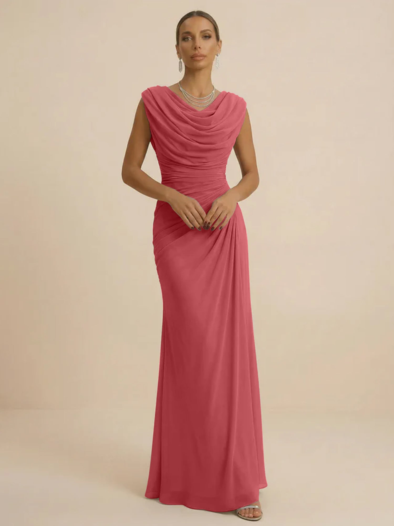Dusty Grey Draped Cowl Neck Ruched Chiffon Evening Dresses