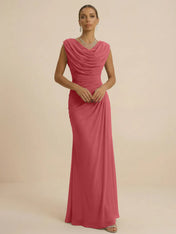 Dusty Grey Draped Cowl Neck Ruched Chiffon Evening Dresses