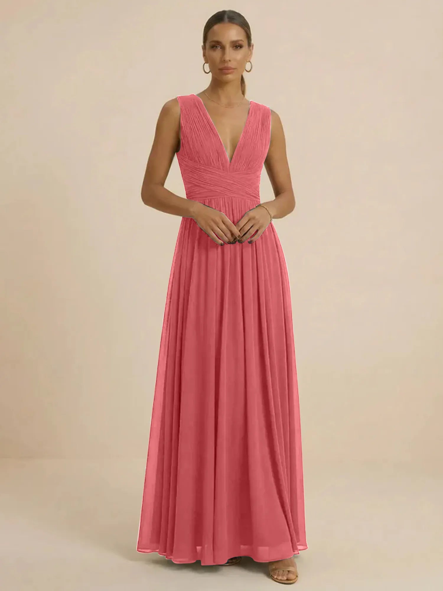 Teal Pleated V-Neck Chiffon Evening Gown with Ruched