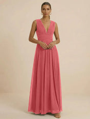 Teal Pleated V-Neck Chiffon Evening Gown with Ruched