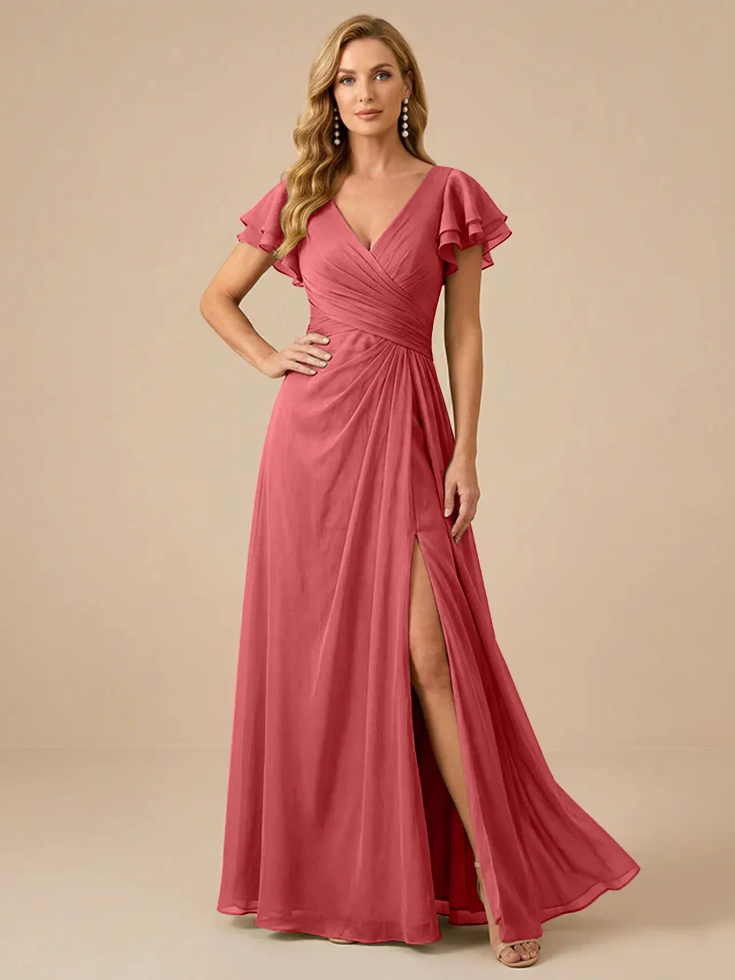 Sage Green V-Neck High-Slit Pleated Chiffon Dress