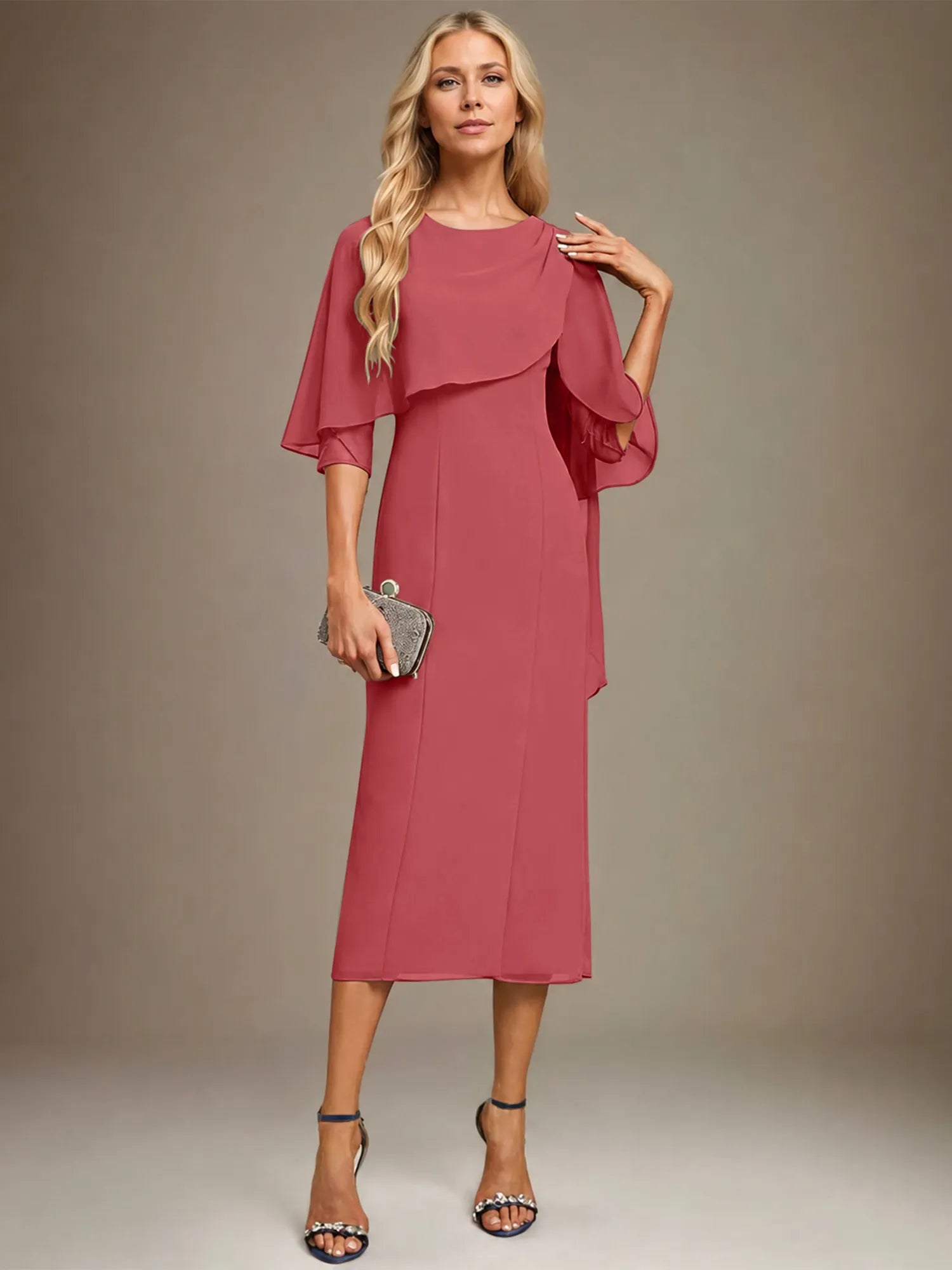 Column Scoop Tea Length Chiffon Dress With Pleated Beading